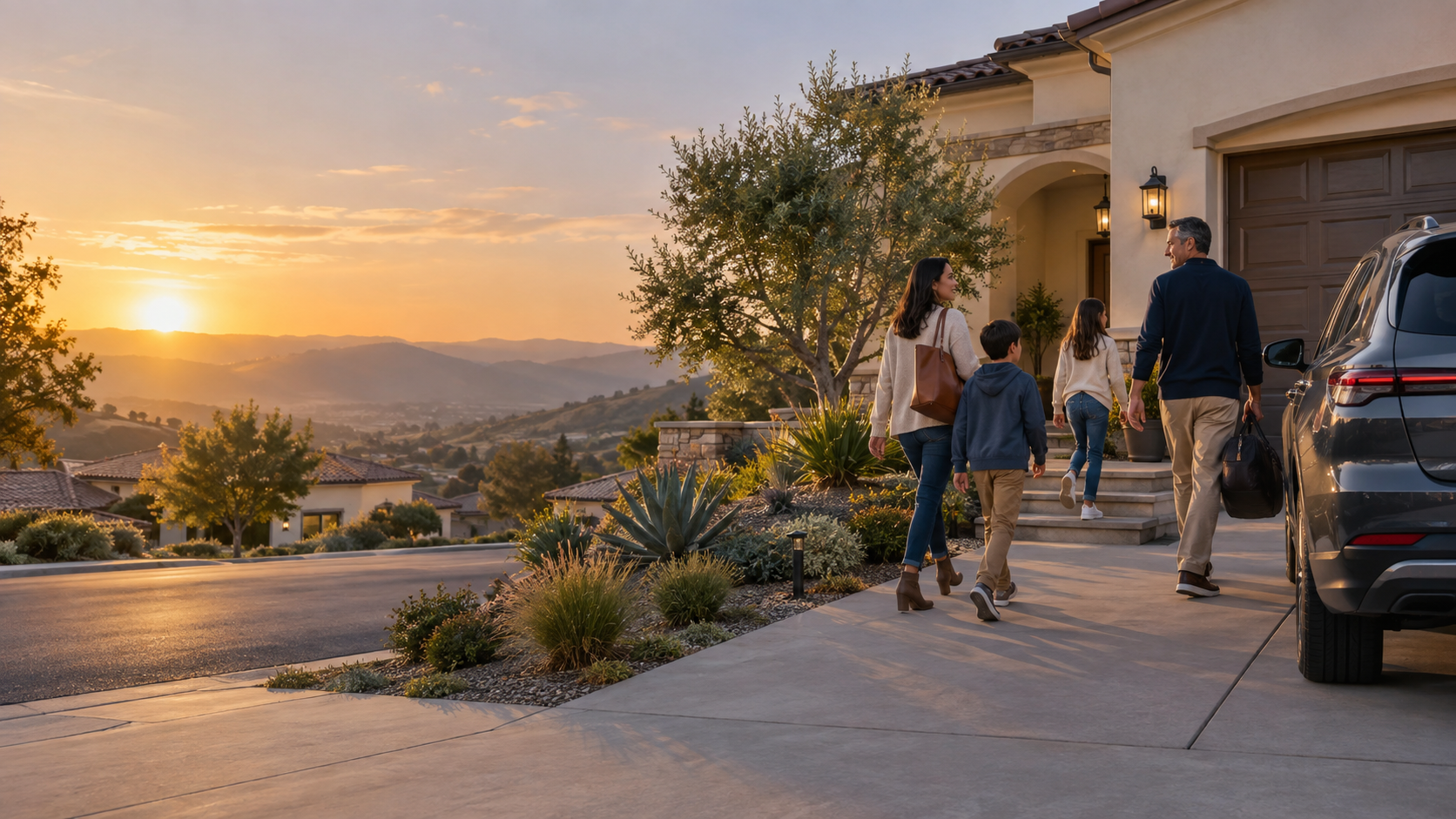 A family arriving at their Southern California home at sunset