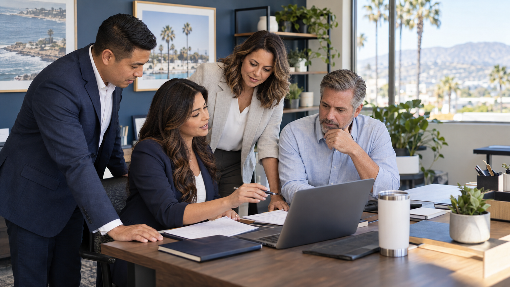 Insurance professionals collaborating in a bright office